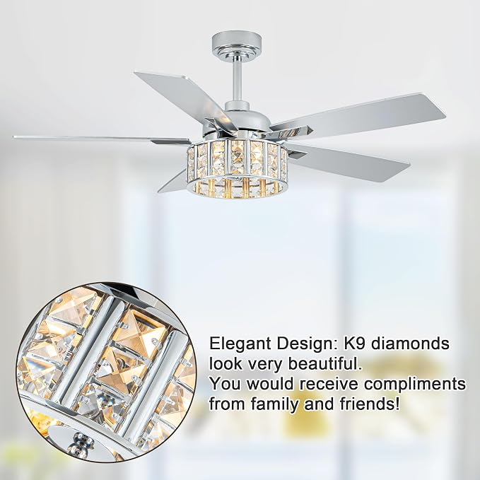52" Modern Crystal Chandelier Ceiling Fans with Lights for Living Room | K9 Crystal Fandelier Fan Quiet Reversible DC Motor 6 Speeds Timer E26 Bedroom