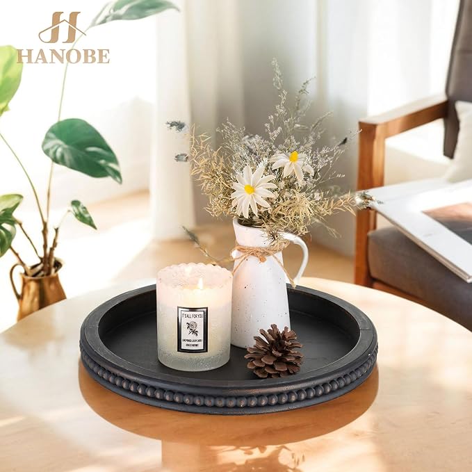 Hanobe Round Decorative Tray with Beaded Edge, Distressed Dark Brown Finish | 11.8" vintage wooden tray for coffee table, ottoman, or counter display, holds candles.