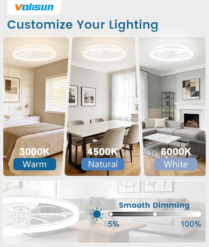 VOLISUN Low Profile Ceiling Fans with Light and Remote, No Assembly, 20in Fandelier Ceiling Fan with Lights, 3000K-6500K Dimmable Flush Mount LED Fan Light, White Bladeless Ceiling Fans for Bedroom