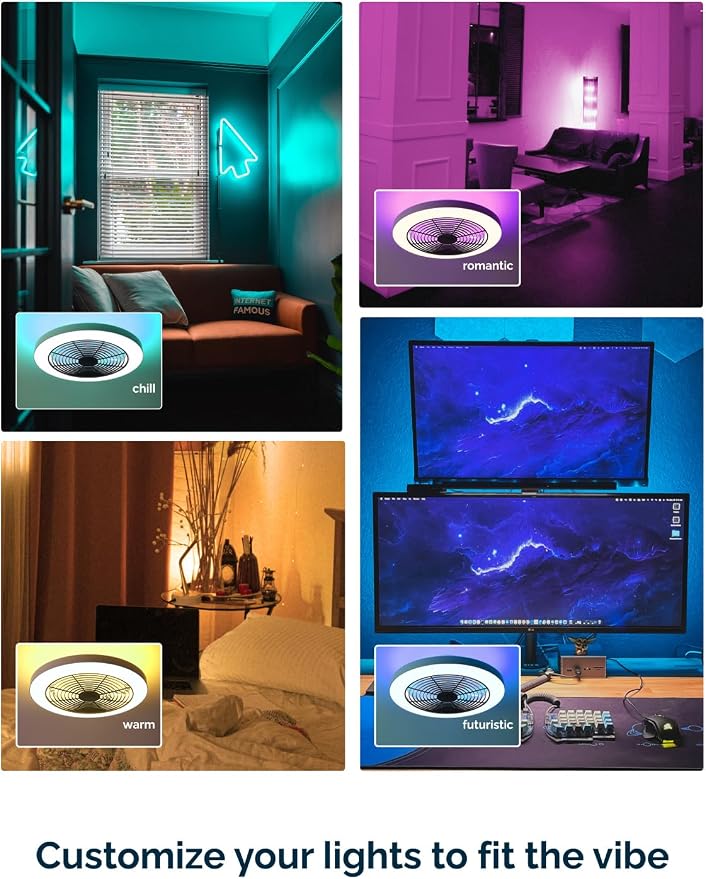 Orison Smart Bladeless Low Profile Ceiling Fan with LED-RGB Ambient Lighting Compatible with Alexa/Google Assistant/App Control, 6-Speed Color Change, Quiet Operation with Remote &App,19.7" (Black)