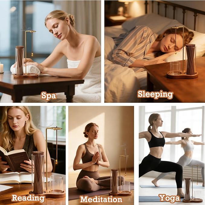 2 in 1 Incense Holder, Wooden Incense Holder for Sticks with Glass Ash Catcher Anti-Ash Flying Upside Down Insence Stick Burner for Meditation Yoga Spa Room Decor (Gold, 7.87“+2.75”)