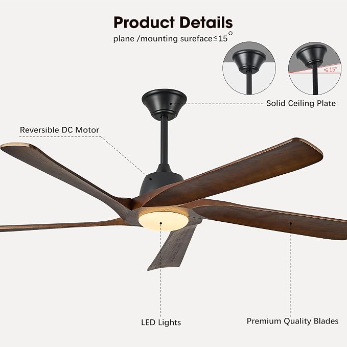 60“ DC Ceiling Fan with Light, Solid Wood Ceiling Fan with Remote and APP Control, 3-color Dimmable, 6-speed Reversible Fans for Bedroom, Living Room, Dark Walnut