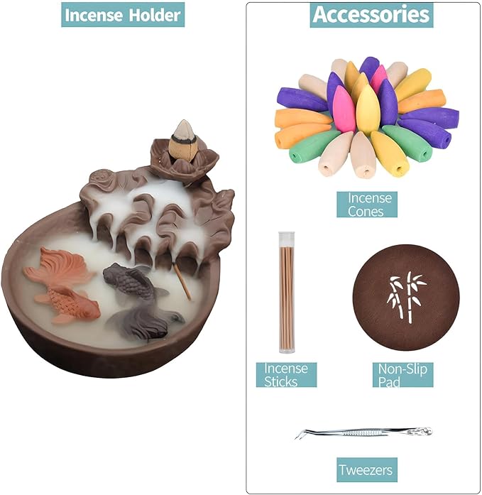 NewEGG Two Fishes Ceramic Purple Clay Smoke Backflow Incense Cone Sticks Burner Holder