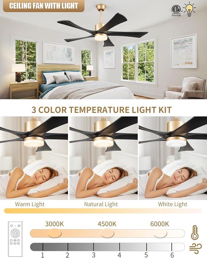 52" Black and Gold Ceiling Fan with Lights and Remote, Outdoor Ceiling Fan for Patios, USA Original Patent, ETL Listed, 5 Blade, 3 Downrods, 6 Speeds Reversible DC Motor Fan, 52", Gold Black