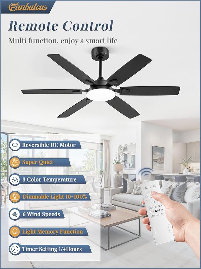 Fanbulous 52 Inch Ceiling Fans with Lights, Indoor/Outdoor Modern Ceiling Fan with Reversible Blade And 2 Rods, Quiet DC Motor, 3CCT & 6-Speed Remote Control, Dual Finish Blade for Living Room/Bedroom