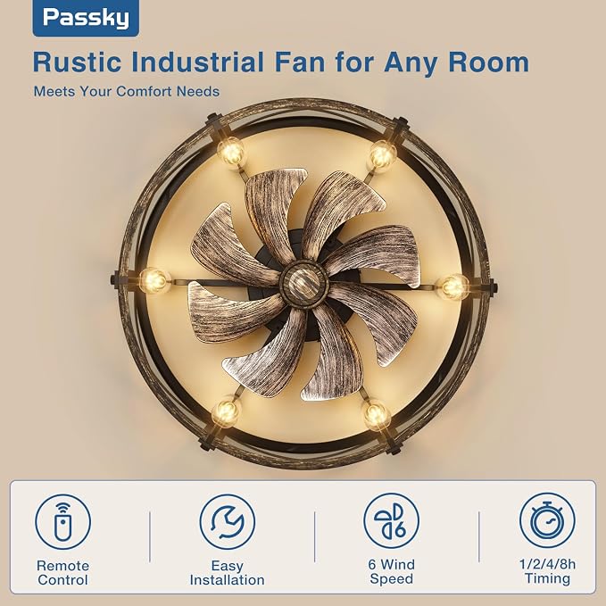 Passky 24" Farmhouse Flush Mount Ceiling Fans with Lights and Remote, Industrial Black Caged Low Profile Fandelier, 6 Speeds Bladeless Ceiling Fan for Bedroom, Kitchen, Living Room