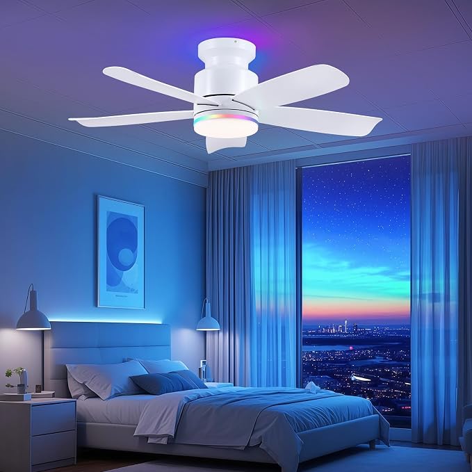 Wiviniya Ceiling Fans with RGB Lights Remote/APP Control, 41 inch Flush Mount Ceiling Fan, 3 CCT LED Dimmable White Lights + RGB Ring Lights, 5 Reversible Plastic Blades 6 Speeds for Kidsroom, White