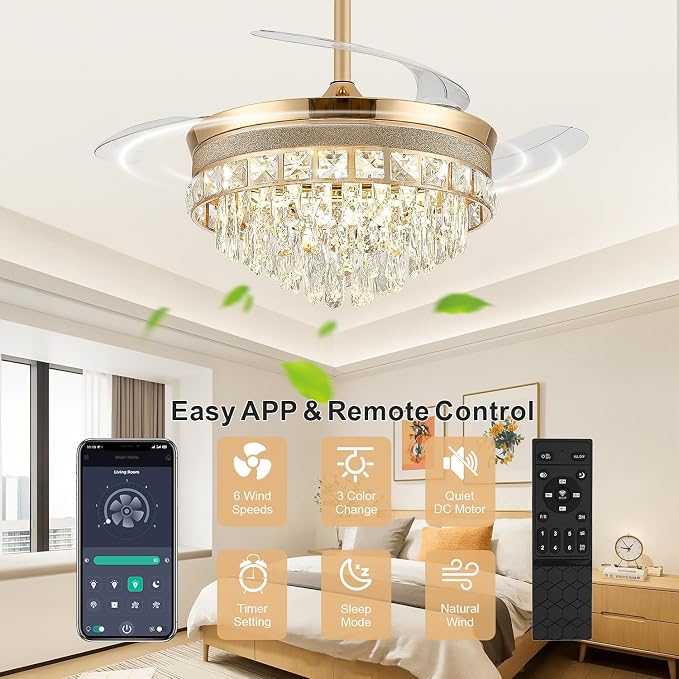 48 Inch Chandelier Ceiling Fans with Lights, Retractable Ceiling Fan with Lights, Crystal Fandelier Ceiling Fan for Bedroom Living Room, LED Dimmable, 6 Wind Speed,3 Color Temperatures-Gold