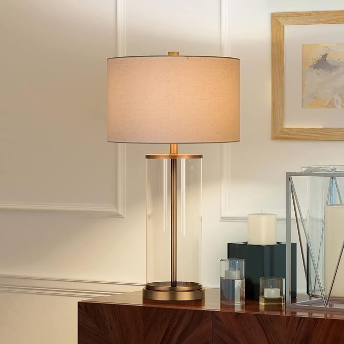 Henn&Hart 28" Tall Table Lamp with Fabric Shade in Antique Brass/White, Lamp, Desk Lamp for Home or Office
