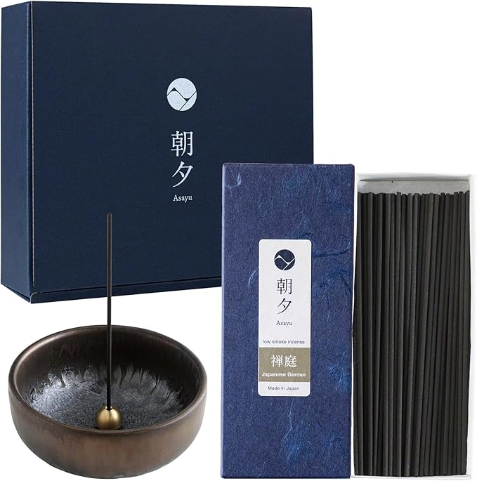 Asayu Japan Low Smoke Incense Gift Set with Incense Holder and Brass Stand, Japanese Garden Incense Sticks with Zen Holder