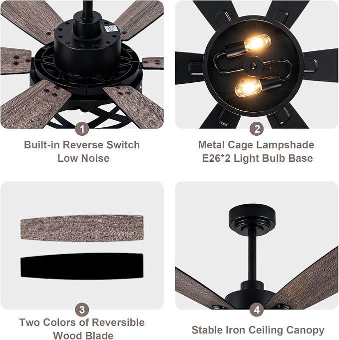 Bella Depot 60" Ceiling Fan with Light, Farmhouse Chandelier Ceiling Fan with Lights and Remote, Caged Rustic Indoor Fandelier with Silent Motor for Dining Living Room Bedroom, (bulbs not included)