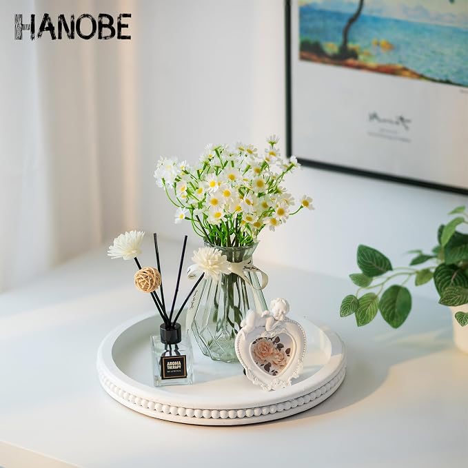 Hanobe Round Decorative Tray for Coffee Table, White, 11.8-inch | Beaded edge, crafted from wood, holds candle and vase, modern farmhouse style for dining table centerpiece and living room