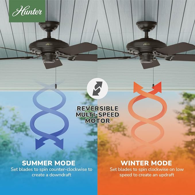 Hunter Sea Air, Outdoor or Indoor, Ceiling Fan, 52 inch, New Bronze | No Light, Standard Mount, Pull Chain, 5 Blades, For Living Room, Patio, Porch, Garage, 53061