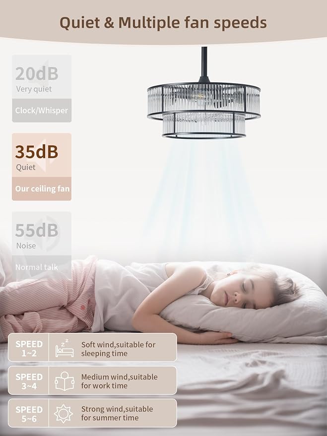 Black Fandelier Ceiling Fans with Lights, 20" Black Crystal Chandelier Ceiling Fan with Light Remote Control, Caged Mid Century with 6 Speeds for Bedroom, Living Room, Nursery