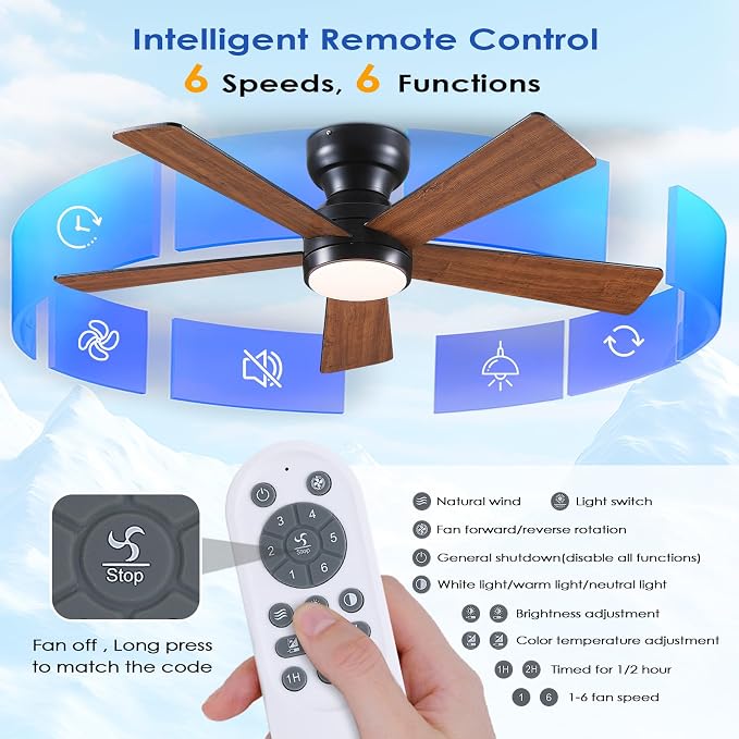 BYKISTOK Ceiling Fans with Lights Flush Mount - 46in Low Profile Ceiling Fan Remote Control with 5 Dual-Sided Blades, Reversible 6 Speeds, Dimming & 2H Timing, Indoor Fan Light for Bedroom, Kitchen