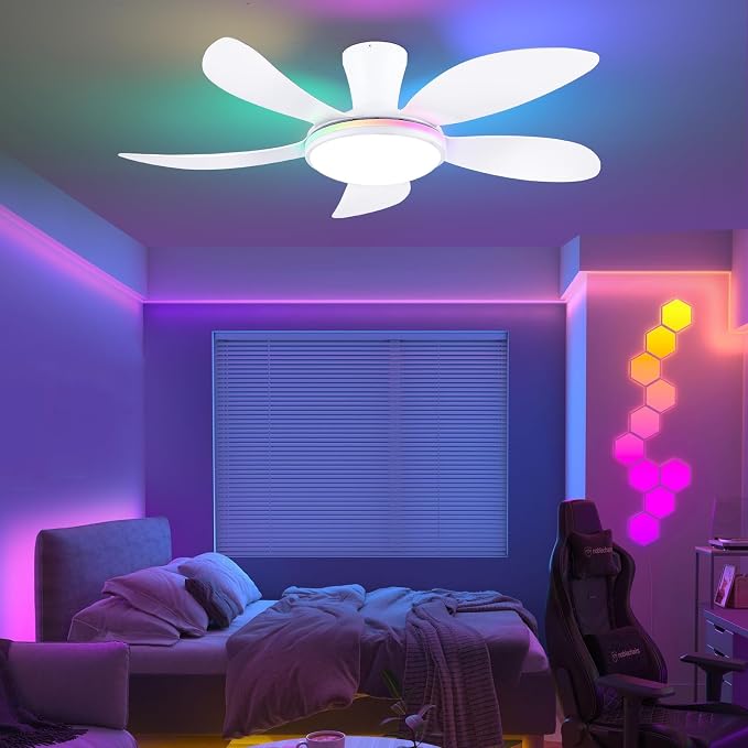 PHORUS 48" White Modern Low Profile RGB Ceiling Fans with Lights and Remote | 13 RGB Modes,Supports Remote and APP,6 Wind Speeds, Reversible, Dimmable 3 CCT LED, 30W DC Motor,Suits for Bedroom Kidsroom