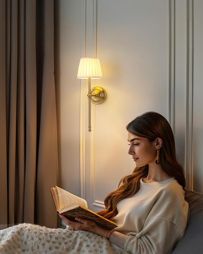 KDG Cordless Wall Sconces Set of 2, Small Wireless 5200mAh Rechargeable Battery Fabric LED Wall Lamps, Portables Lightings for Wall Painting, Living Room, Bedroom, Hallway, Gifts, Night Light (Gold)
