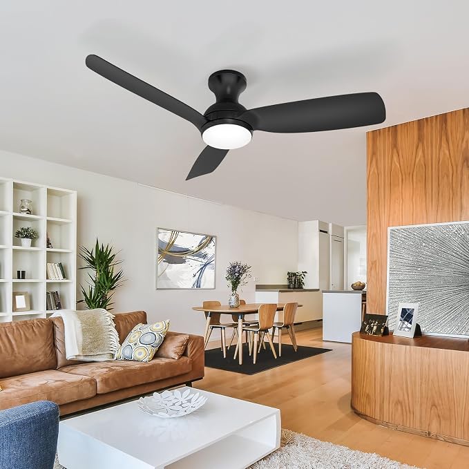 Consciot Ceiling Fan With Light, 44 Inch Low Profile Ceiling Fan with remote control, 6-speed choice, Reversible DC motor, 3CCT, Dimmable, Whisper, Easy Install, For Indoor and Covered Outdoor (black)