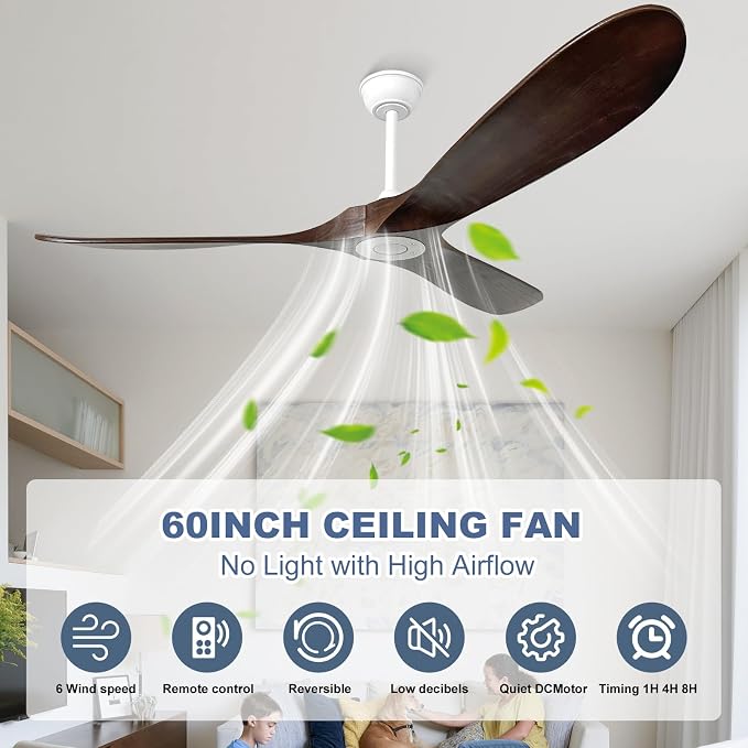 60 inch Ceiling Fan without Light,3 Solid Wood Blades Dark Walnut Finished,Outdoor Ceiling Fan for Living Room,Patio,Porch(White+Dark Walnut)
