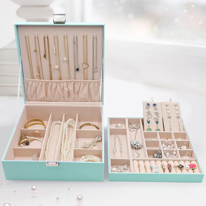 ProCase 2 Layers Jewelry Box for Women -Mint | Large Leather Jewelry Organizer Storage Case with Removable Pad for Earrings
