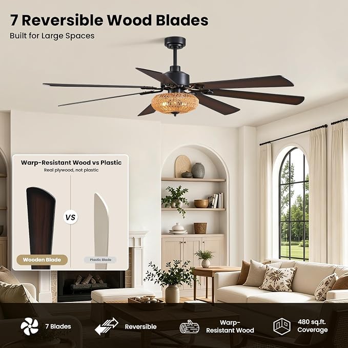 72 Inch Ceiling Fan with Light Indoor Rustic Farmhouse Matte Black 7 Blades APP and Remote Control, Large Boho Fandelier for Living Room Dining Room Bedroom