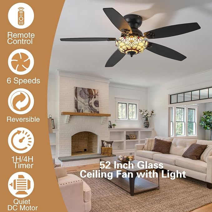 Tiffany Ceiling Fans with Lights - 52" Ceiling Fan Chandelier with 5 Dual-Blades and Glass Shade, 6 Speeds and Reversible, Indoor and Outdoor, Retro Style