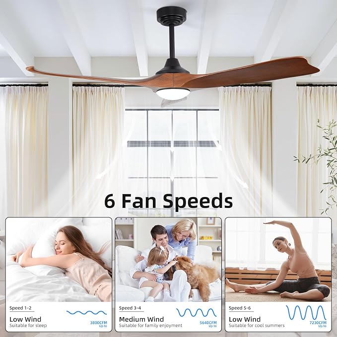 60” Outdoor Ceiling Fan with Light 3 Downrods, Smart Wood Ceiling Fan Compatible with Alexa/Google/App, 3 Blades Modern Walnut Wood Ceiling Fans for Kitchen Living Room Patio