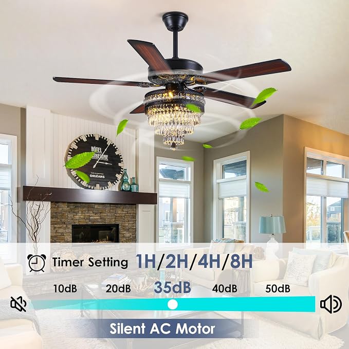 50"Black Crystal Chandelier Ceiling Fans with Lights and Remote Control | Classical Design,6 Reversible Speeds,30W Quiet DC Motor,5 Wooden Blades,2*E12 LED Bulbs Included,for Living Room Bedroom