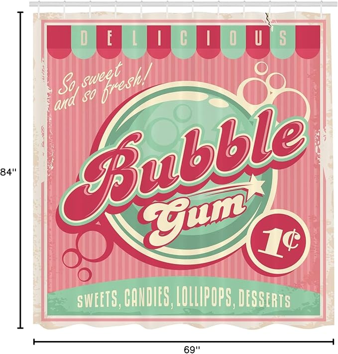 Ambesonne 1950s Shower Curtain, Bubble Gum Tasty Candy Lollipop Sugar Advertise Poster Style, Cloth Fabric Bathroom Decor Set with Hooks, 69" W x 84" L, Pink Magenta