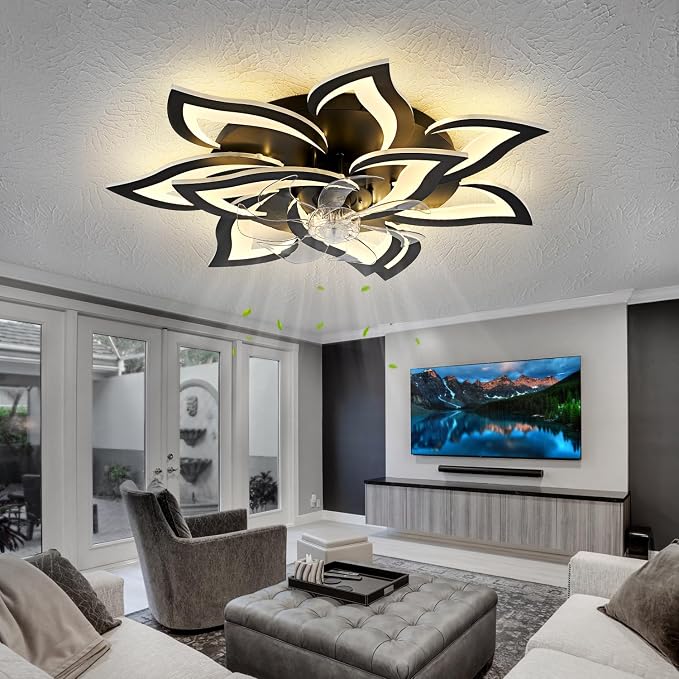 32inch Black Flower Modern Ceiling Fans with Lights, Low Profile Ceiling Fan with Remote for Bedroom, Flush Mount Ceiling Fan with LED Dimmable Light,6-Speeds, Timing Ceiling Fan Light