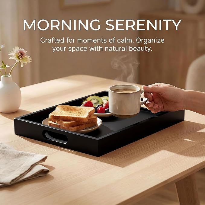 Krismax Wooden Serving Tray with Handles, Serving Platter 15.7x11.4 Inch Food Drinks Tray for Coffee Table,Decorative Storage Tray for Entertaining, Breakfast Tray in Bed,Lunch,Dinner,BBQ(Black)