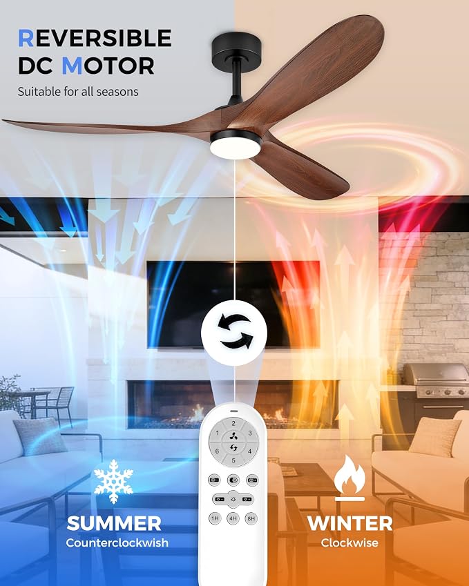 60" Ceiling Fan with Light, Damp Rated for Covered Outdoor Patio, Wood-Grain ABS Blades, Quiet DC Motor, 3CCT Dimmable LED, Remote Control, Modern Large Ceiling Fan, ZCCF08WD-60