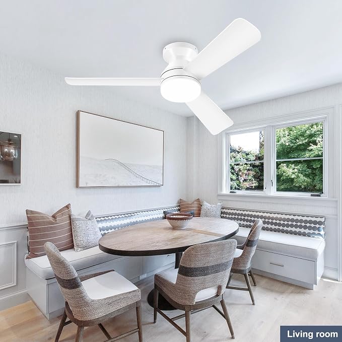 Ceiling Fans with Lights - 42 Inch Low Profile Ceiling Fan with Light and Remote Control, Reversible, 3CCT Dimmable, Noiseless, White Small Flush Mount Ceiling Fan for Bedroom Indoor/Outdoor