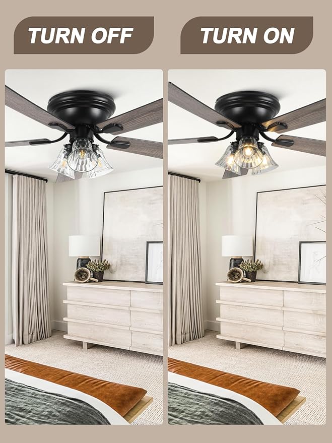 52 Inch Flush Mount Farmhouse Ceiling Fans with Lights and Remote Control | 5 Reversible Blades Vintage Low Profile Ceiling Fan with 3-Light 6 Speeds for Living Room Bedroom Kitchen Dining Room