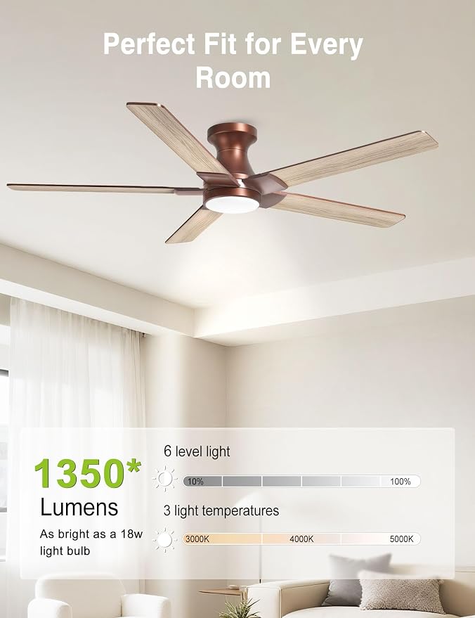 DAMINY 52 inch Brown Ceiling Fans with Lights,5 Blades,3CCT, Low Profile,Remote Control,for Bedroom, Kitchen,Living Room,Indoor/Outdoor Use,Flush Mount