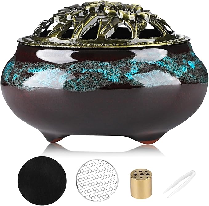 Ceramic Incense Burner Holder Set – 9 Hole Incense Stick Holder with Coil Incense Holder & Burner Tray – Multi-Function Censer for Cones, Coil Incense, and Stick Incense (Fambe Blue)