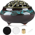 Ceramic Incense Burner Holder Set – 9 Hole Incense Stick Holder with Coil Incense Holder & Burner Tray – Multi-Function Censer for Cones, Coil Incense, and Stick Incense (Fambe Blue)