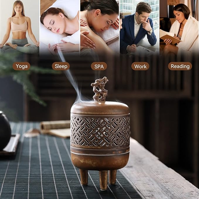 Antique Incense Holder Ceramic Incense Burner Chinese Tripod Stove Ding for Cone, Stick and Coil Incense for Yoga, SPA, Meditation