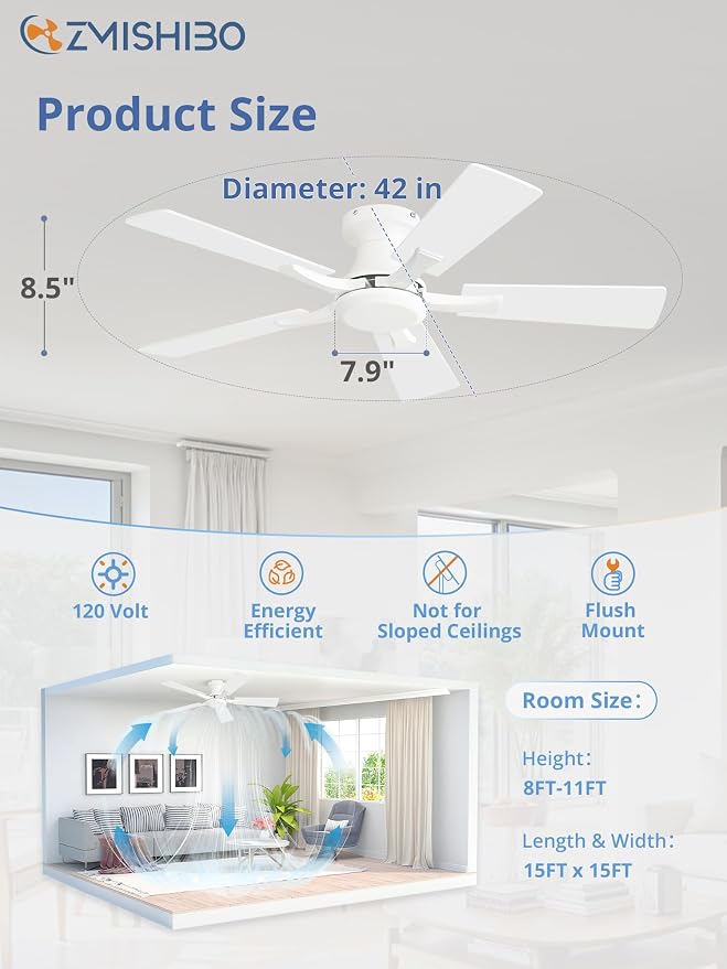 ZMISHIBO 42 Inch Ceiling Fan No Light, Flush Mount Low Profile, Modern White Ceiling Fan Without Light, Remote Control & Quiet DC Motor, for Indoor&Outdoor, Bedroom, Living Room