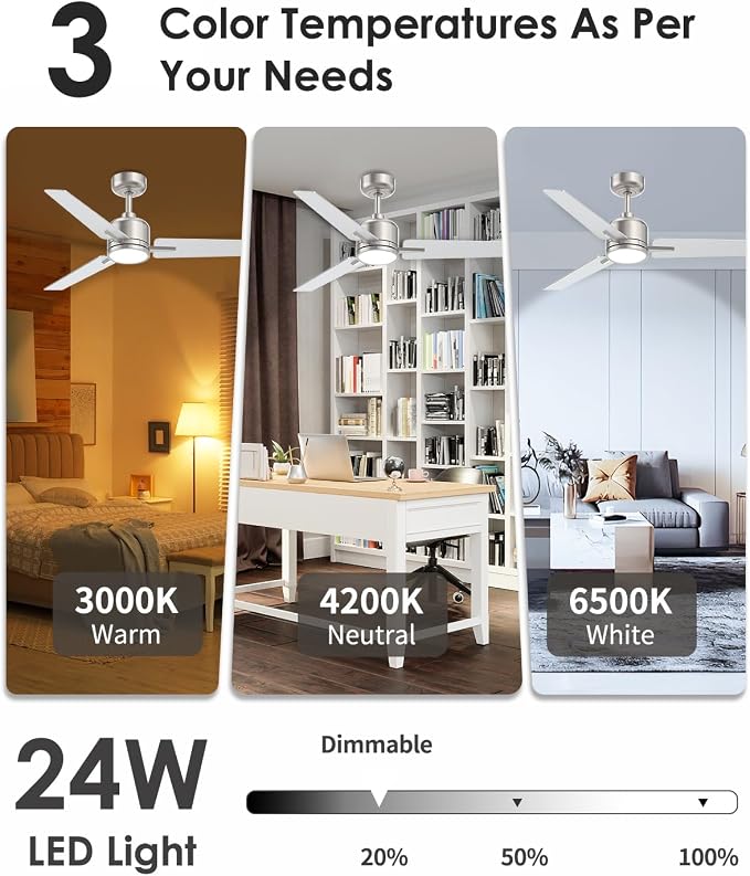 52 inch Ceiling Fans with Lights and Remote, Brushed Nickel Ceiling Fans Dimmable 3 Color Temperature, Timer, 3 Blades, 6 Speed Modern Fan Quiet Reversible DC Motor for Indoor or Covered Outdoor