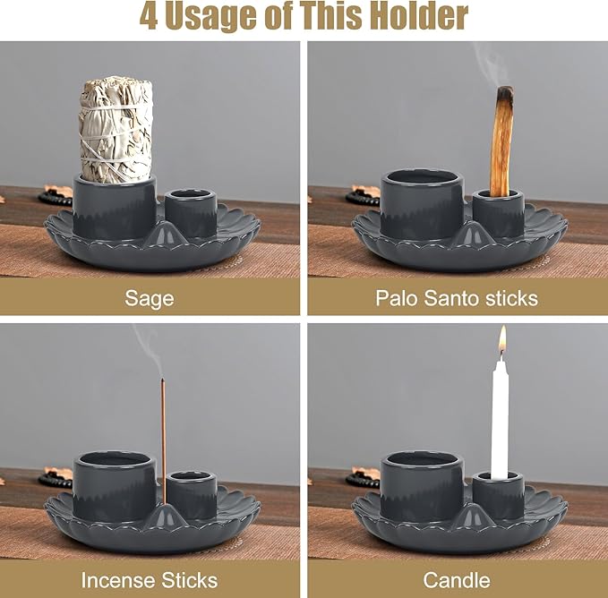4 in 1 Incense Holder, Incense Burner, Palo Santo Holder, Ceramic Ash Catcher Tray for Meditation Room, Candle Holder for Burning Sage (Gray)