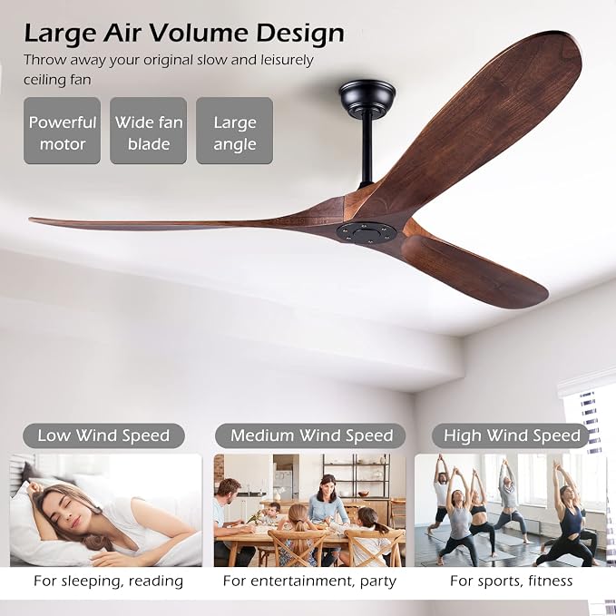 60 Inch Ceiling Fan Without Light ，Wood Indoor Outdoor Ceiling Fans No Light for Patios Living Room Bedroom Porch Big Ceiling Fan for Flat Sloped Ceiling(Walnut)