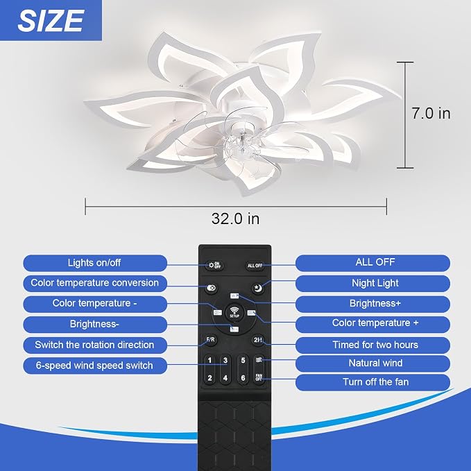 32" White Flower Ceiling Fan with Light Remote Control, Low Profile Flush Mount Ceiling Fan for Kitchen Bedroom Living Room