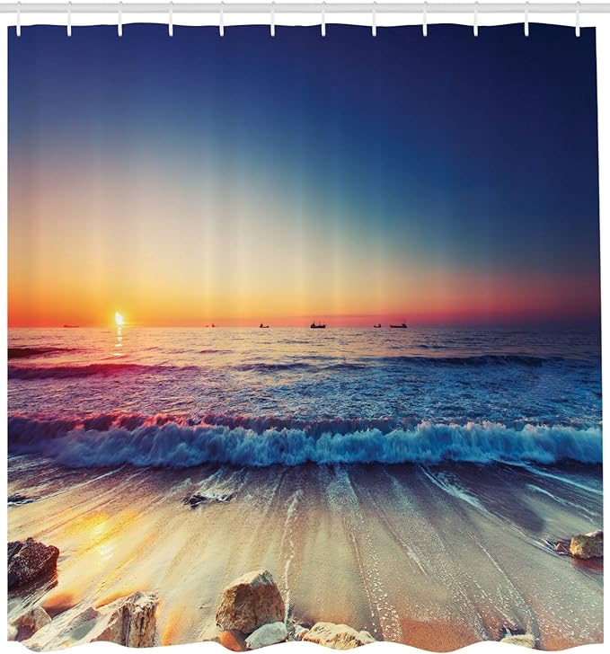 Ambesonne Nautical Decor Ocean Sunset Scenery Pictures Waves, Polyester Fabric Bathroom Shower Curtain Set with Hooks