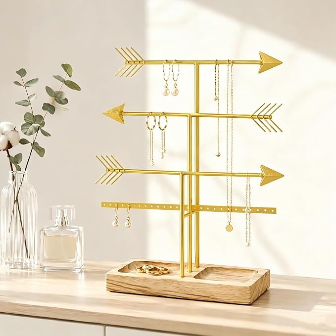Urban Deco Arrow Jewelry Organizer Stand 4-Tier Gold Jewelry Stand Necklace Organizer With Wooden Ring Holder For Jewelry Display Bracelet Holder Stand Earring Organizer For Girls - Gold