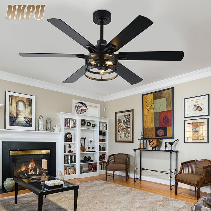NKPU 52 Inch Farmhouse Ceiling Fan with Light and Remote, Black Industrial Caged Rustic Ceiling Fan with 6 Speed Reversible Motor and Dual Finish 6 Blades, Rustic Ceiling Fan for Living