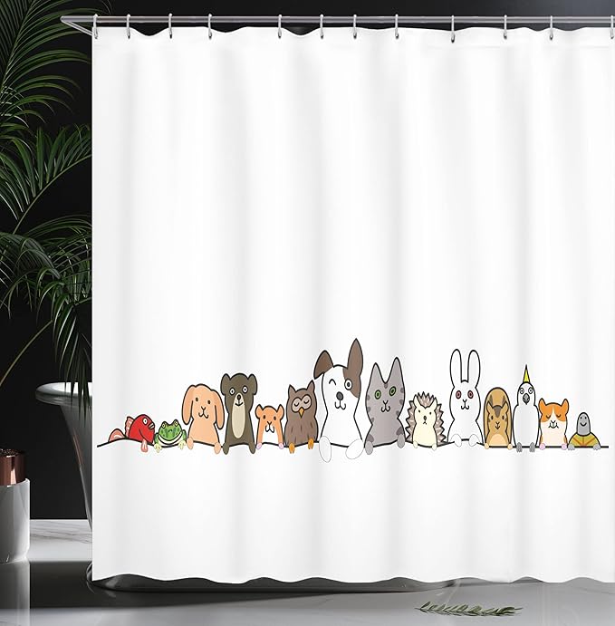 Ambesonne Cartoon Shower Curtain, Domestic Pets Various Animals with Funny Expressions Humorous Cartoon Style, Cloth Fabric Bathroom Decor Set with Hooks, 69" W x 70" L, Grey Salmon