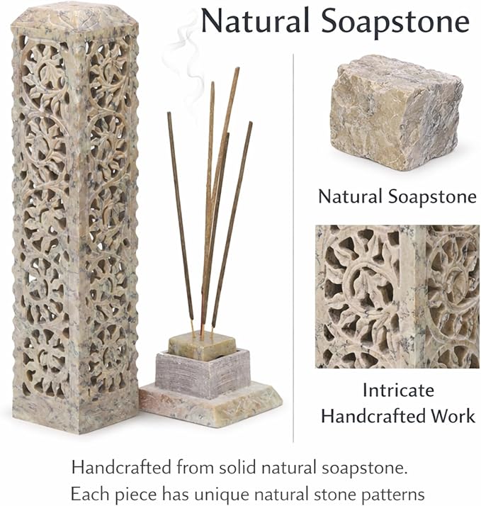 Carry Me Handmade Marble Soapstone Incense Stick Burner | Candle Stick Holder | Tea Light Stand - Perfect Incense Tower for Gifting. Decorative Home and Kitchen Decor (3 x 3 x 11 Inches)