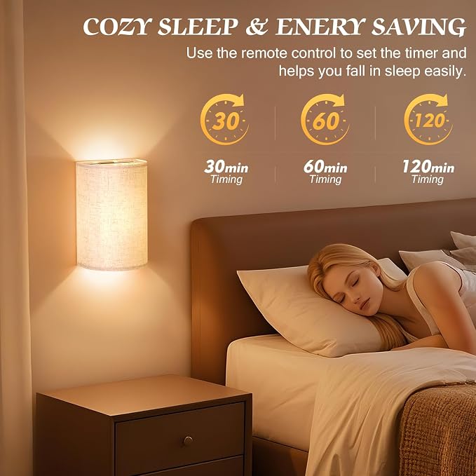 OCATO Battery Operated Wall Sconce: Wireless Wall Sconces Set of Two Magnetic Lamp Rechargeable Lights Dimmable with 16 RGB Colors Fabric Linen Shade with Remote Walls Decor for Bedroom Living Room
