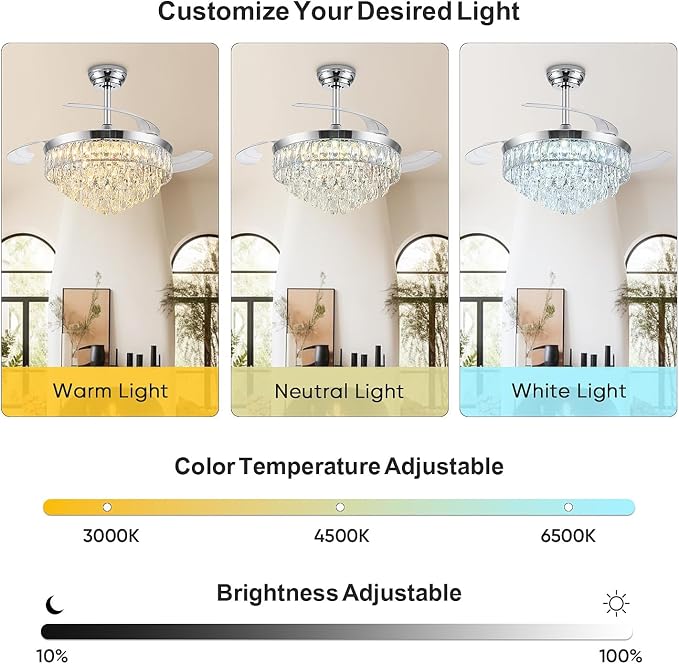 48 Inch Chandelier Ceiling Fan with Lights, Retractable Fan with Remote and APP, Crystal Fandelier Ceiling Fan, Dimmable LED, Reversible Motor, Quiet for Bedroom Living Room-Chrome